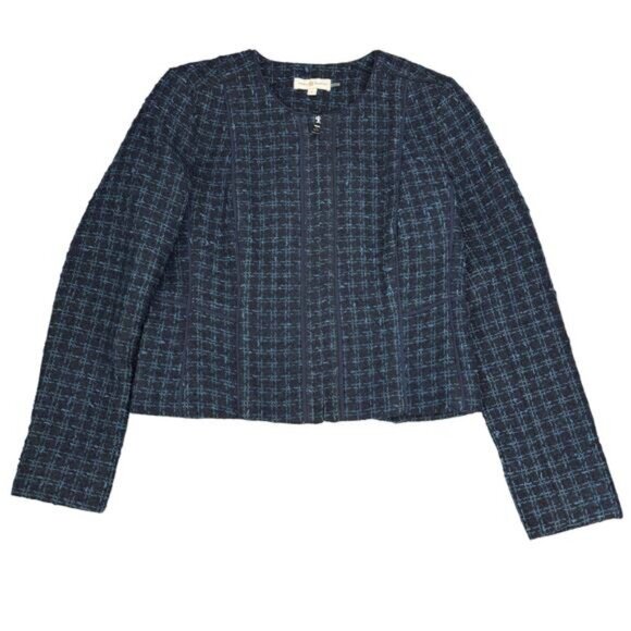 TORY BURCH Tweed Wool Blend Evening Career Jacket Size 6 Blue Black - Picture 2 of 7